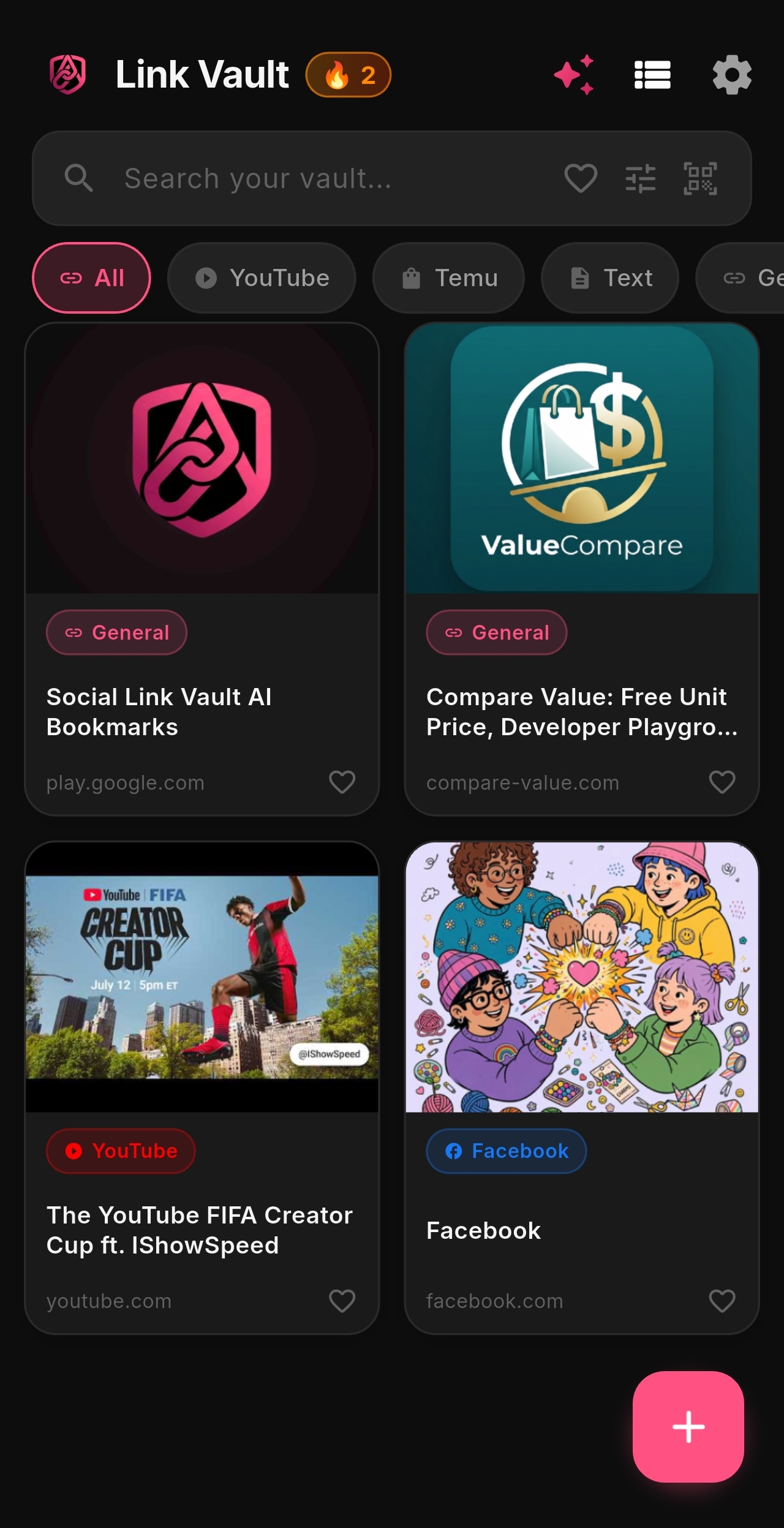 Social Link Vault main feed